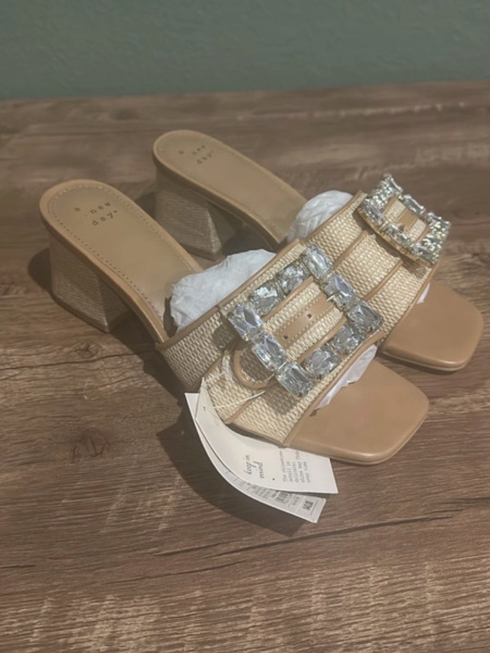 A new day Beige Crystal Buckle Block Heel Slide Sandals